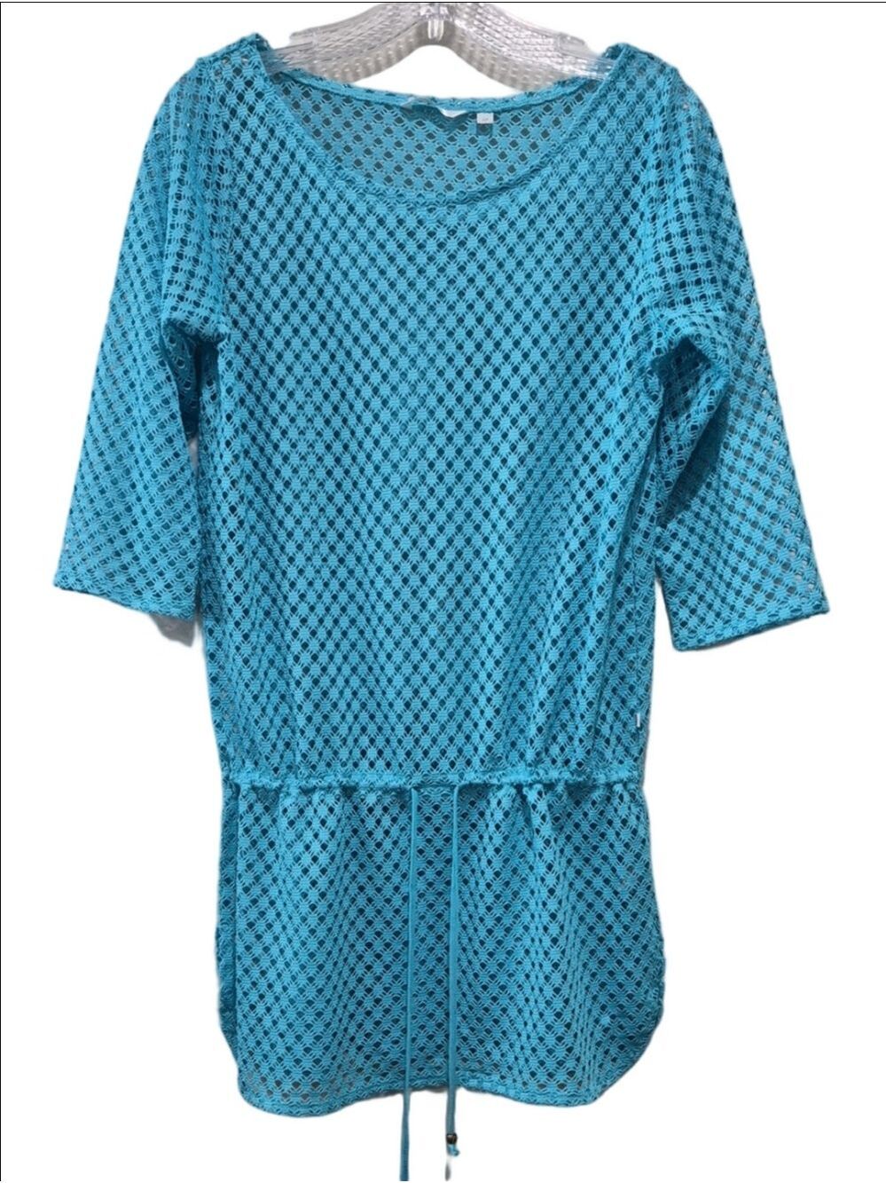 Aqua Blue Crochet Knit Tunic Top - 3/4 Sleeve Drawstring Waist Cover-up
